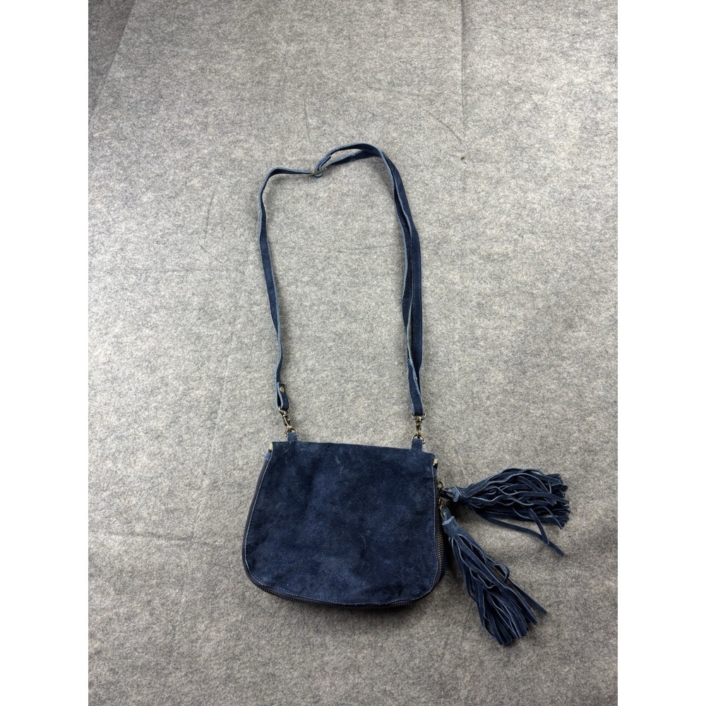 Lisa Leonard Suede Blue Leather Tassel Fringe Crossbody Boho Bag Hippie Western